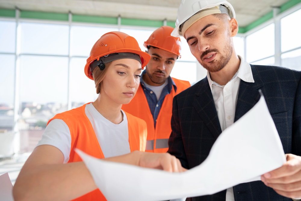 Architect and construction workers reviewing blueprints on site